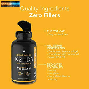 Vitamin D3 + K2 with Organic Virgin Coconut Oil -Based Vegan d3 (5000iu)