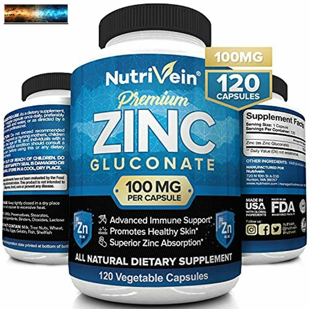 Nutrivein Premium Zink Gluconsäure 100mg - 120 Kapseln - Immun- Verstärker