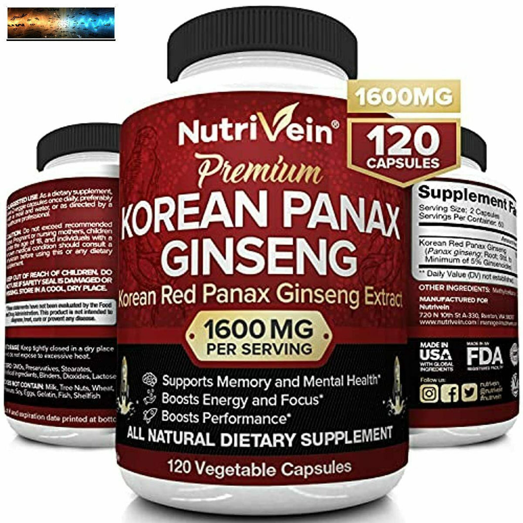 Nutrivein Puro Coreano Rojo Panax Ginseng 1600mg-120 Vegan Cápsulas - Alto Stren