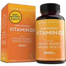 將圖片載入圖庫檢視器 Viva Naturals Vitamina D3 Para Inmune Soporte High-Potency 5000Iu 360 Cápsulas
