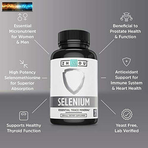 Zhou Selenium 200mcg for Thyroid, Prostate and Heart Health Essential Trace