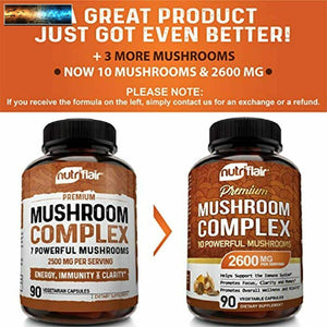 NutriFlair Mushroom Supplement 2600mg - 90 Capsules - 10 Mushrooms Lions Man
