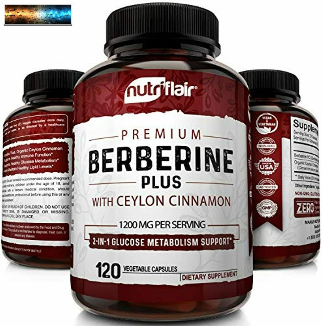 NutriFlair Premium Berberine HCL 1200mg Plus Pure, True Ceylon Cinnamon - 120 Ca