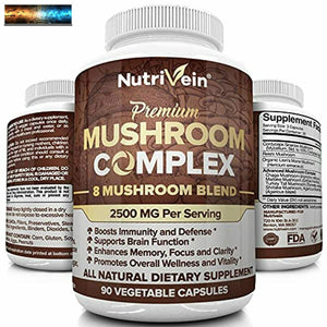 Nutrivein Mushroom Supplement 2500mg - 90 Capsules - 8 Organic Mushrooms - Lions
