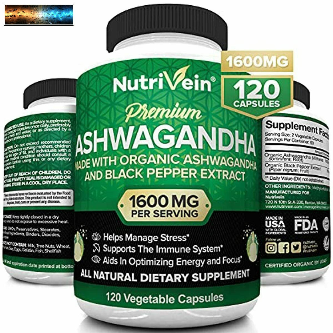 Nutrivein Organic Ashwagandha Capsules 1600mg with Black Pepper Extract - 120 Ve