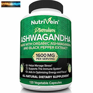 Nutrivein Organic Ashwagandha Capsules 1600mg with Black Pepper Extract - 120 Ve