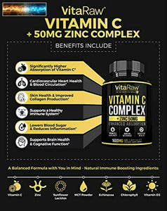 Vitamin C Supplement [2 Pack] 1600mg with Zinc 50mg |Highest Absorption| Vitamin