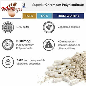 Pure Chromium Polynicotinate Supplement - Made In USA - 200mcg + Vitamin B3 for