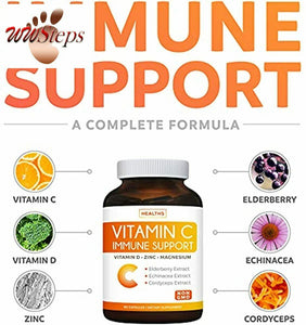 Immune Support - Vitamin C with Zinc, Vitamin D, Elderberry & Echinacea (Non-GMO