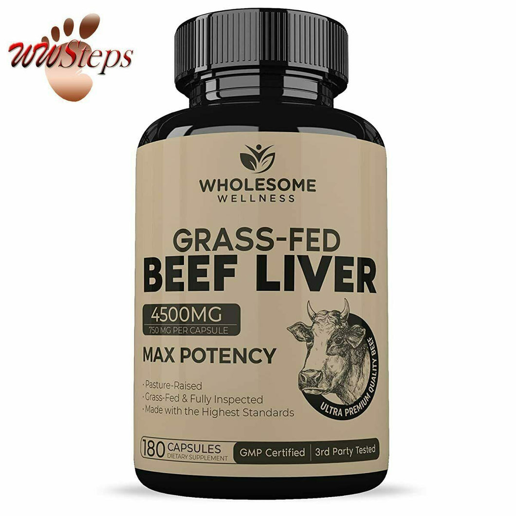 Grass Fed Desiccated Beef Liver Capsules (180 Pills, 750mg Each) - Natural Iron,